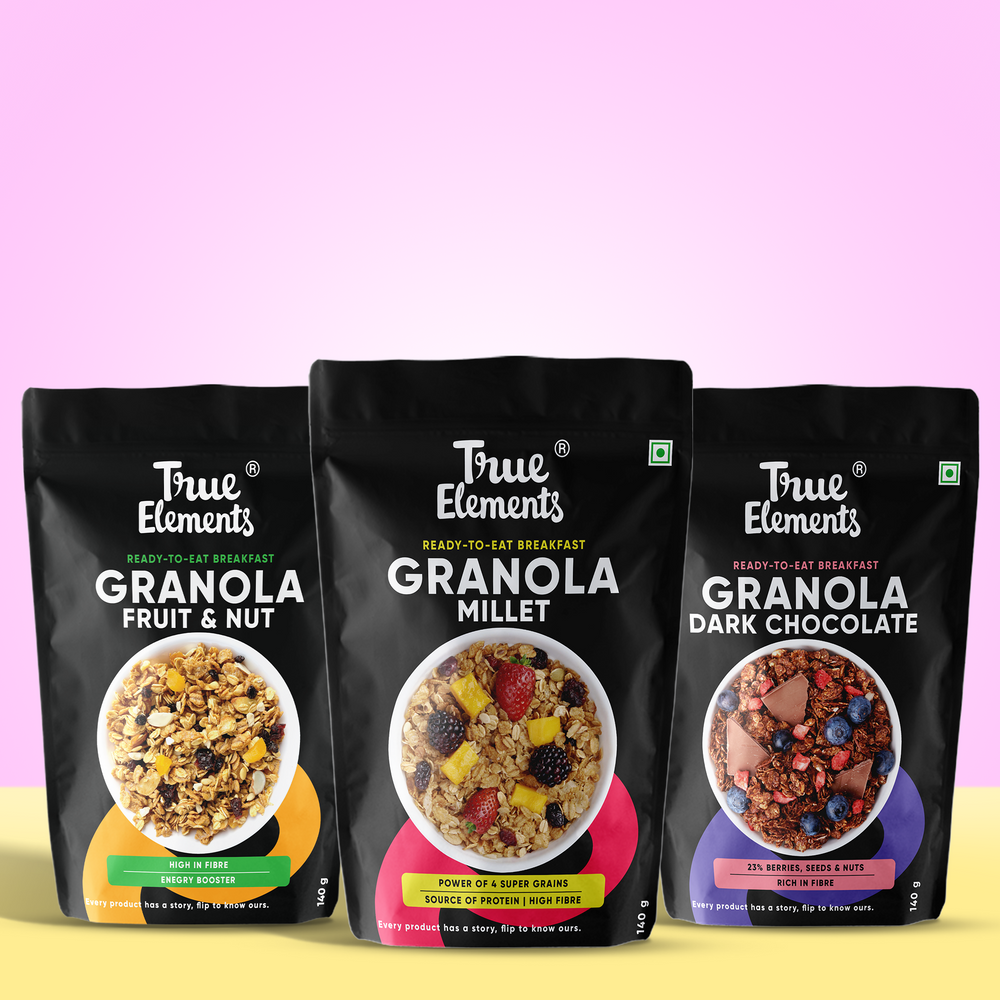 
                  
                    Wholegrain Granola Combo - Pack of 3 (Baked Granola Almonds And Dark Chocolate 140gm, Millet Granola 140gm & Fruit And Nut Granola 140gm)
                  
                