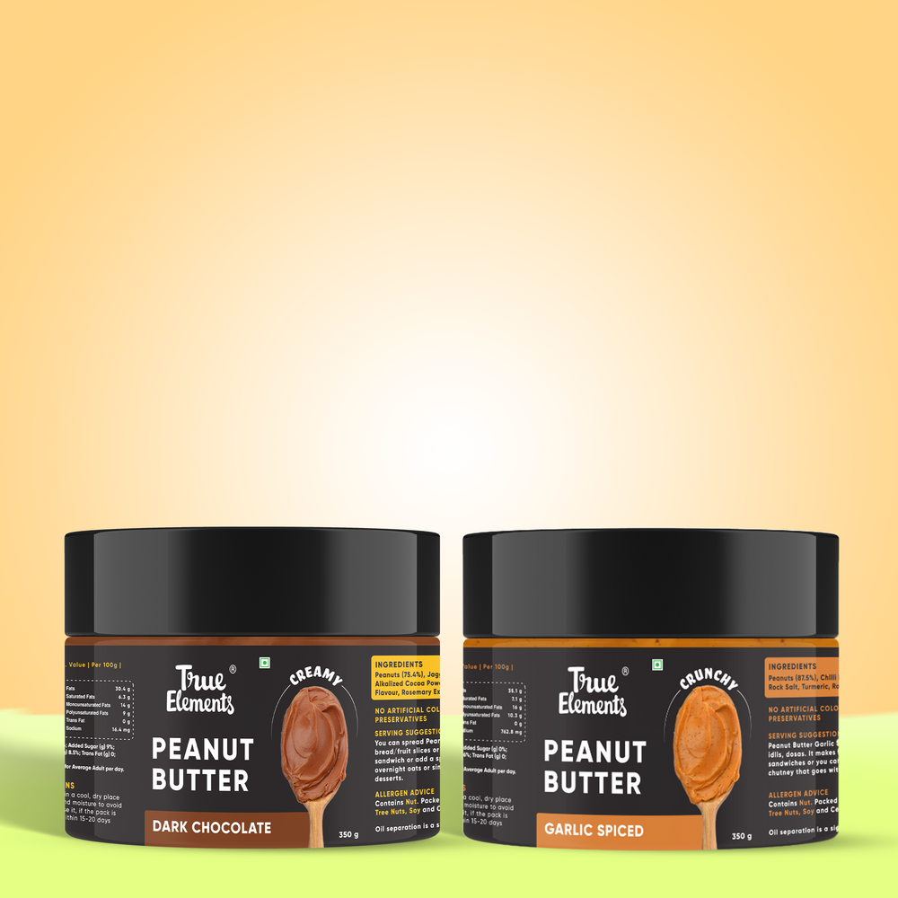 
                  
                    Peanut Butter Garlic Spiced 350gm + True Elements Peanut Butter Dark Chocolate 350gm - Combo
                  
                